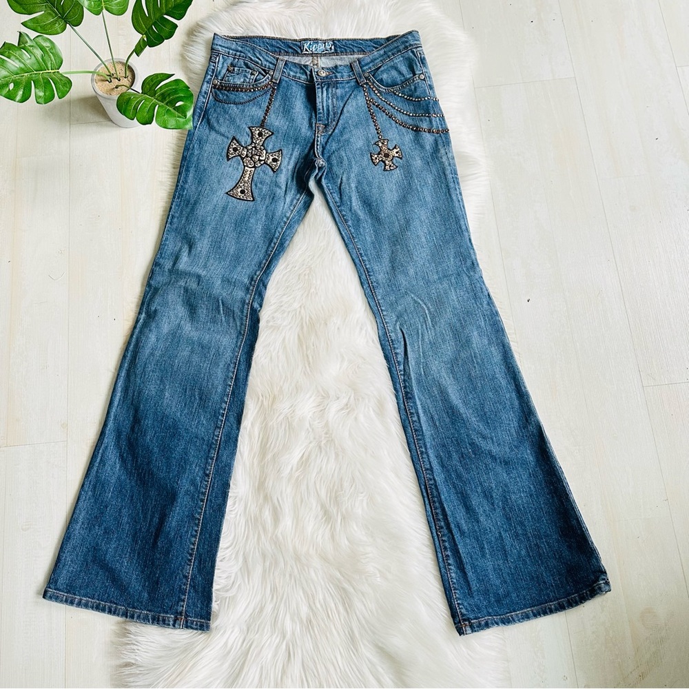 NWOT Kippys Swarovski Embellished Cross Flare Leg Designer Jeans Made in USA, 14